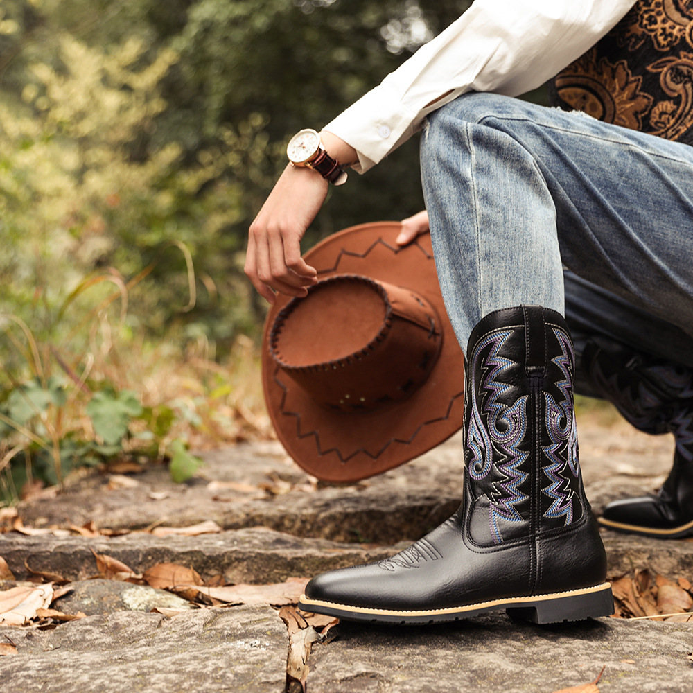 Cizme de cowboy western înalte, brodate, vintage, cu cap lat, pentru bărbați_voghion.com