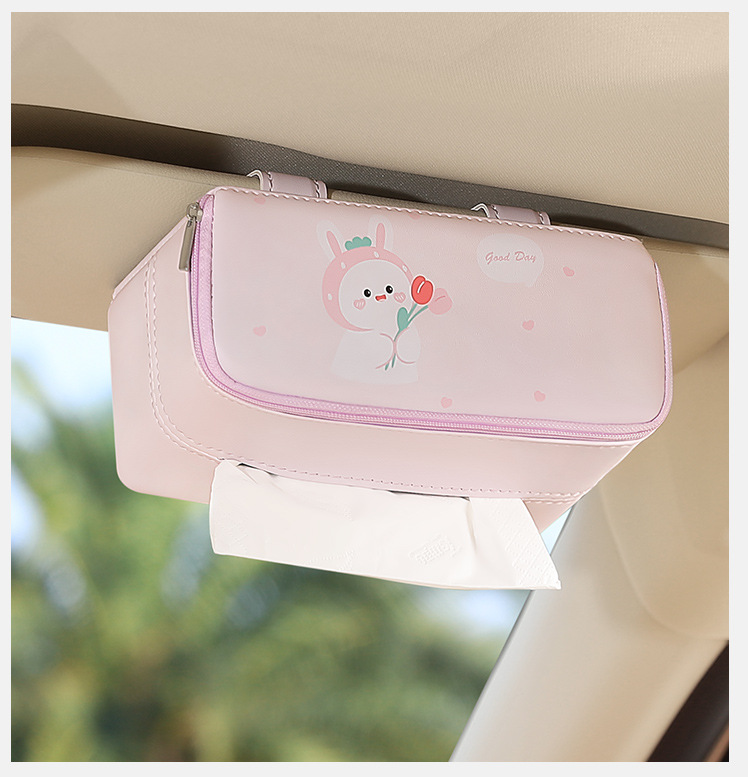 Car Tissue Box Hanging Sun Visor Sunroof Top Tissue Box Rear Paper Tissue Box Cute Cartoon Leather Tissue Bag