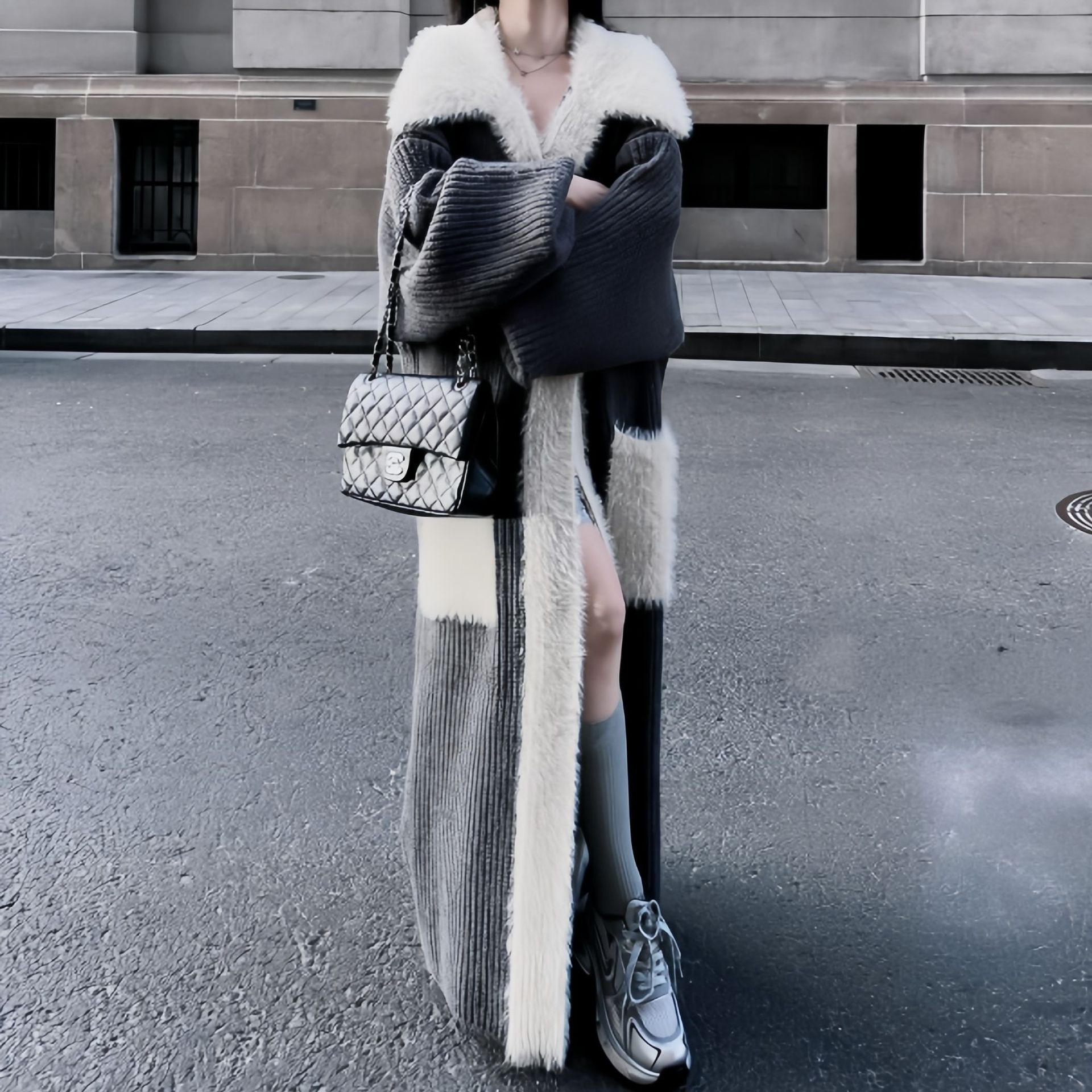 秋冬宽松慵懒风加厚外套毛领过膝加长款拼水貂绒毛高级感开衫毛衣