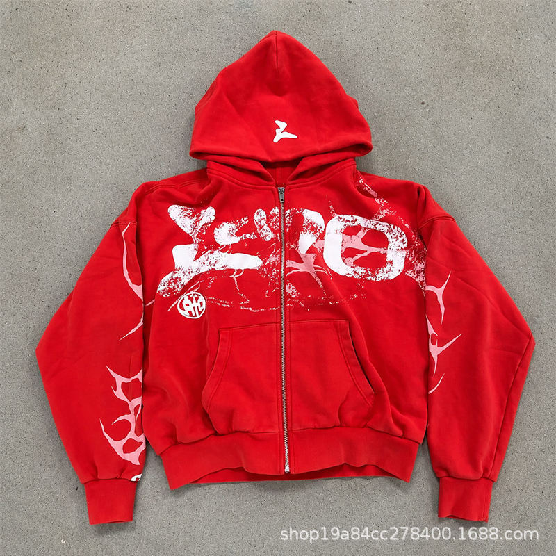 OEM vintage distressed digital print pattern oversized short full-zip hip-hop street casual zip-up hoodie