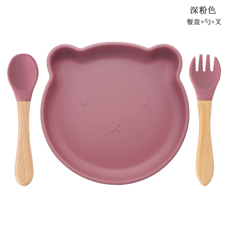 Bebé de alimentación placa cuchara Tenedor traje grado alimenticio silicona Integrado placa niños dibujos animados oso vajilla materna y infantil