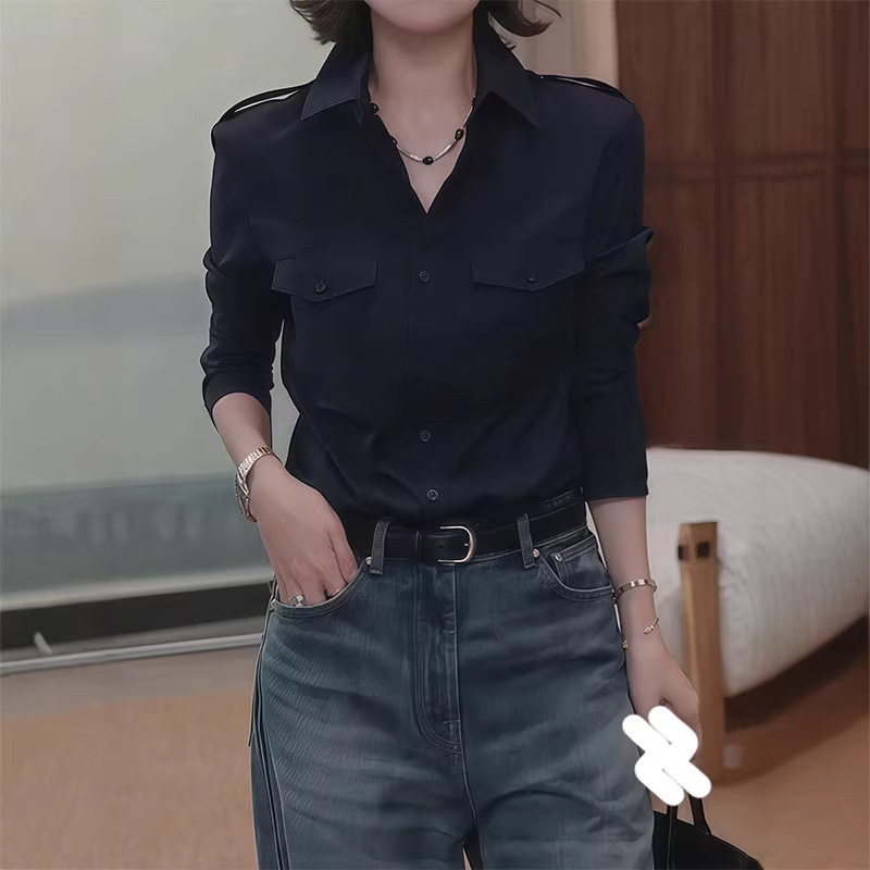 Navy Blue Shirt for Women, 2026 Spring New Style, Collared Shirt with a Unique Design, French-Style Chic and Distinctive Top