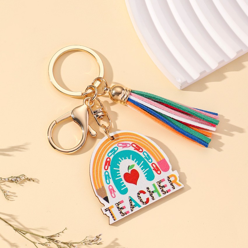 20g Weight Keychain Classification 1 Piece Quantity School, Graduation Occasion Wood Material Teachers' Day Festival Letter, Rainbow, Tassel Pattern Unisex Gender Modern Style Style Modern Style Letter Rainbow Tassel Wood Teachers' Day Unisex Keychain 2