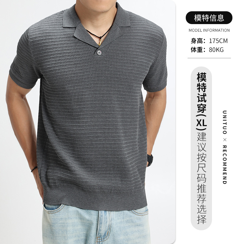 2026 nuevo viejo dinero hombre waffle polo camisa de punto hombre con solapa de manga corta de alto nivel de negocios casual hombre