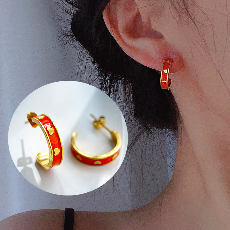 10g Weight 1 Pair Fashion Heart Shape Titanium Steel Enamel Earrings