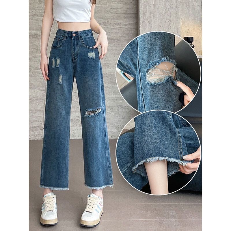 Wide-Leg High-Waisted Ripped Jeans for Women, Blue, Summer Thin Style, Plus Size, Flattering for Pear-Shaped Body, Cropped Straight Pants Wide-Leg High-Waisted Ripped Jeans for Women, Blue, Summer Thin Style, Plus Size, Flattering for Pear-Shaped Body, Cropped Straight Pants