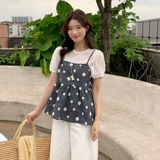 苏珊 现货韩系时尚高级感宽松短袖T恤＋波点吊带两件套女DT7066