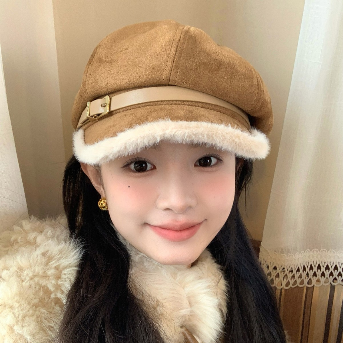 日系复古麂皮绒八角帽秋冬新款韩版时尚皮带扣毛绒包边复古鸭舌帽
