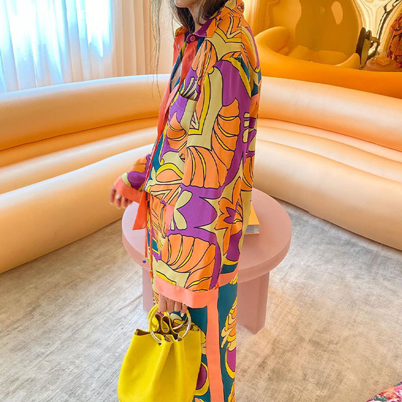 2024 European and American Women's Cross-border Summer Oversized Printed Long Sleeved Shirts, Ethnic Style Pants, Casual Fashion Sets_voghion.com