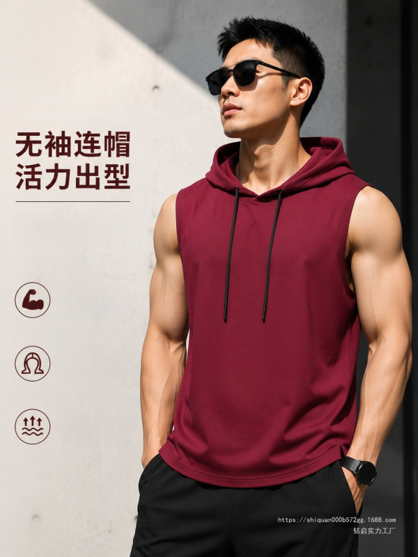 Hooded Vest Men's Summer New Style Round Neck Sports Top Sleeveless Vest T-Shirt Solid Color Sweatshirt Men's Clothing