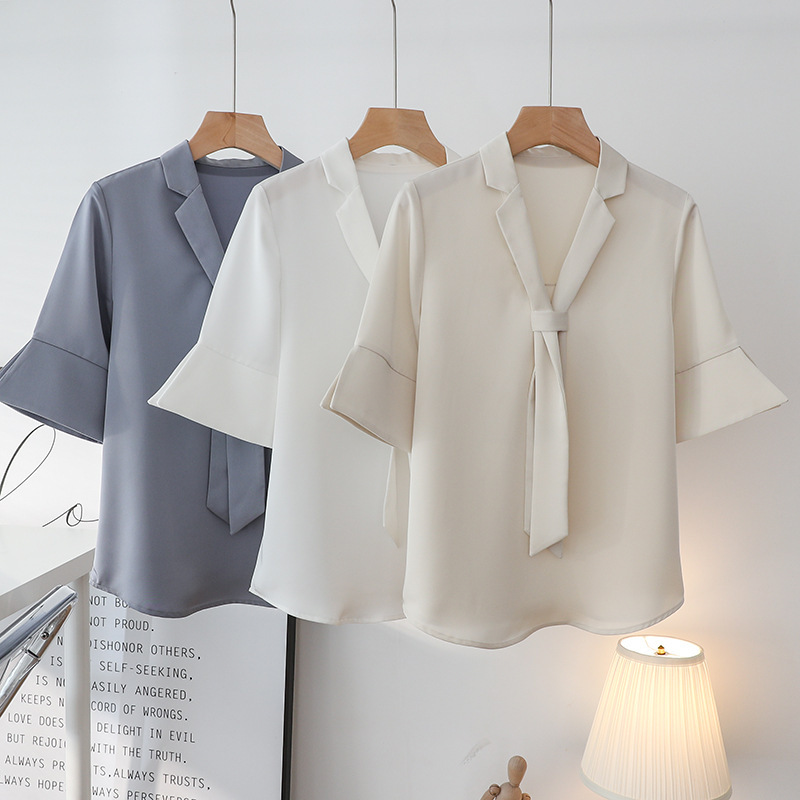 Apricot Acetic Satin Short-sleeved Shirt Women's Summer Loose Design Niche Tie Professional Interview Top