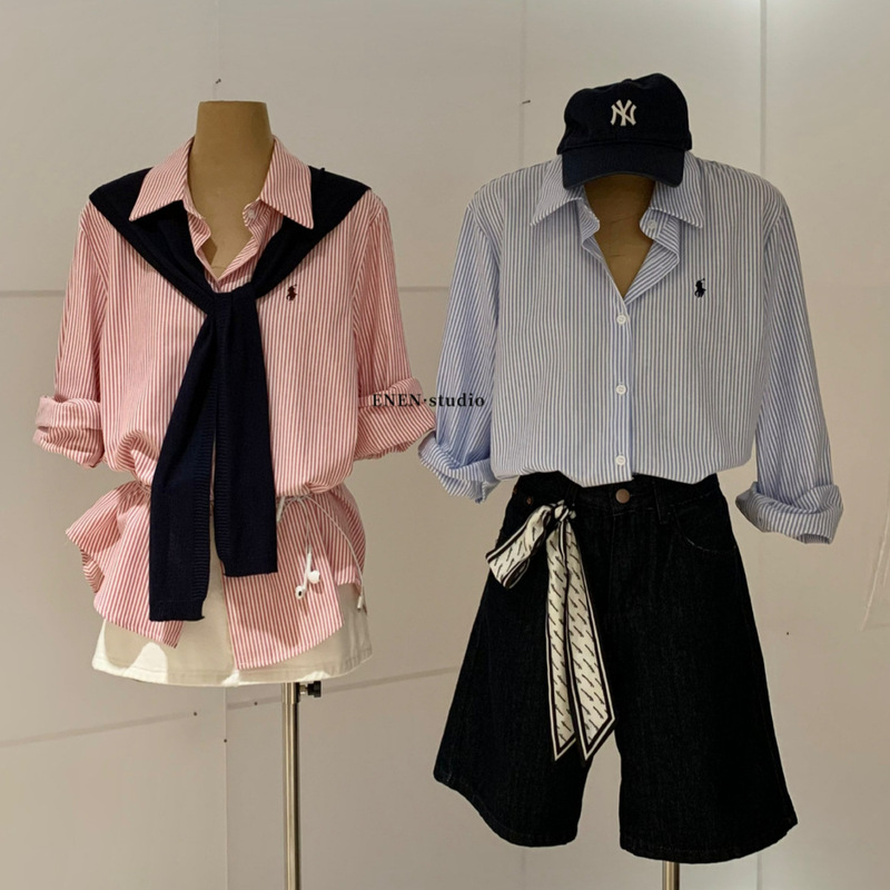 WGWE10932 Early Autumn French Romantic Style Striped Shirt Long Sleeve Loose Fit Turn-down Collar Embroidered Logo Top Shirt