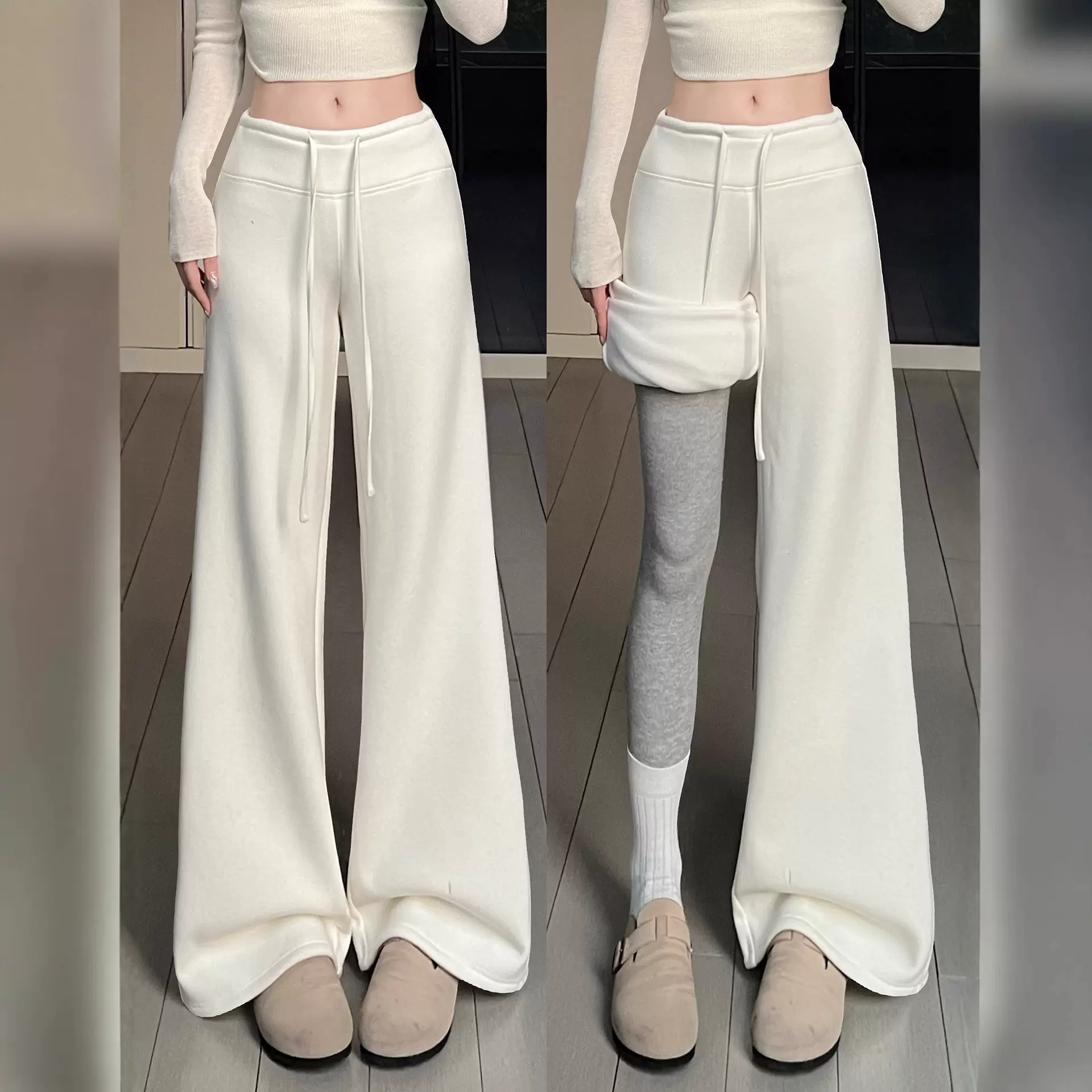白色加绒阔腿裤女秋冬2025新款高腰休闲卫裤小个子宽松直筒运动裤