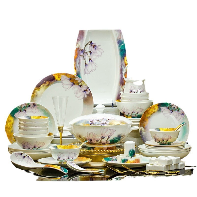 Tableware Set (Jingdezhen) Magnolia Pattern, Multi-Size 12/30/42/69 Pieces, Wedding Gift