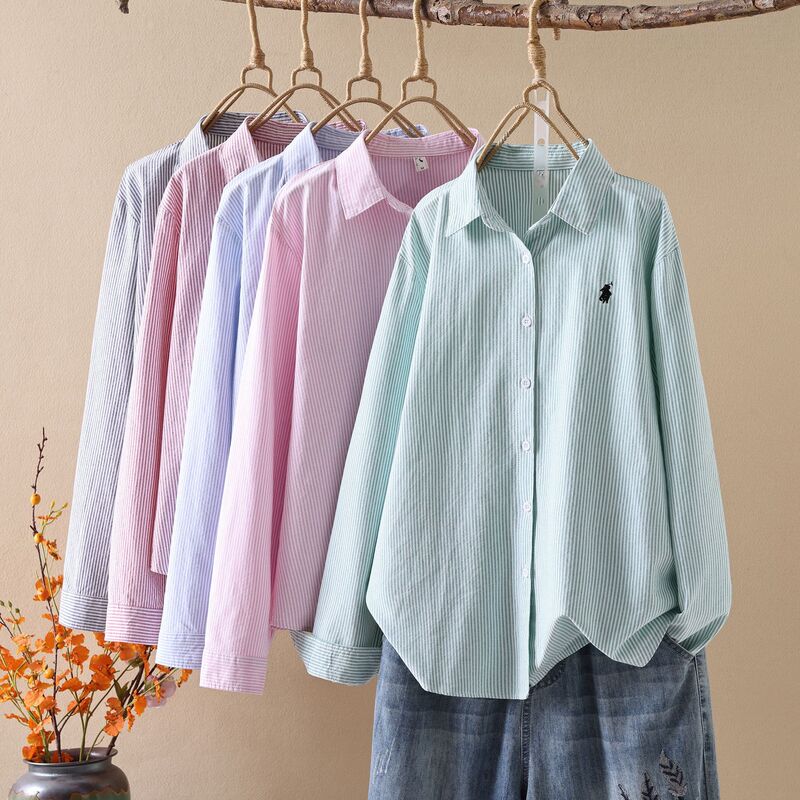 Factory Direct Sale Early Autumn Oxford Fabric Petite Shirt Regular Long-Sleeve Striped Shirt Embroidered Fashion Women's Clothing
