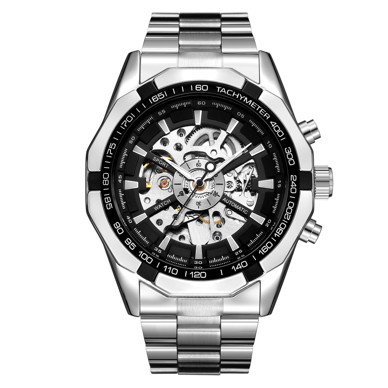 Reloj mecánico luminoso automático para hombre con manecillas redondas huecas y correa de acero auténtica._voghion.com