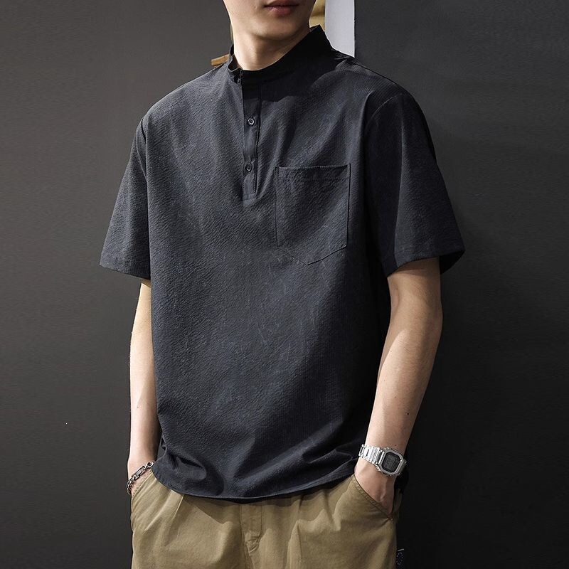 2026220g Heavyweight Bamboo Knit Henley Collar Short-Sleeve T-Shirt Men's Polo Shirt Loose Breathable Cool Half-Sleeve Stand-Up Collar
