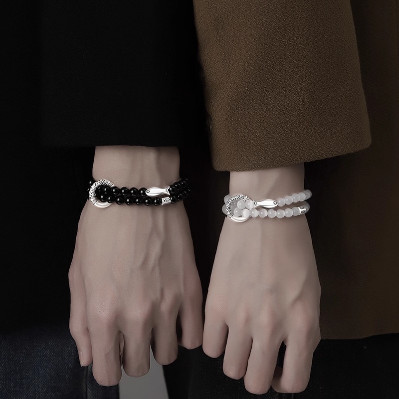 999 Sterling Silver Good Luck Koi Couple Bracelet New Chinoiserie Stacked Obsidian Bracelet Love Token Gift Delivery