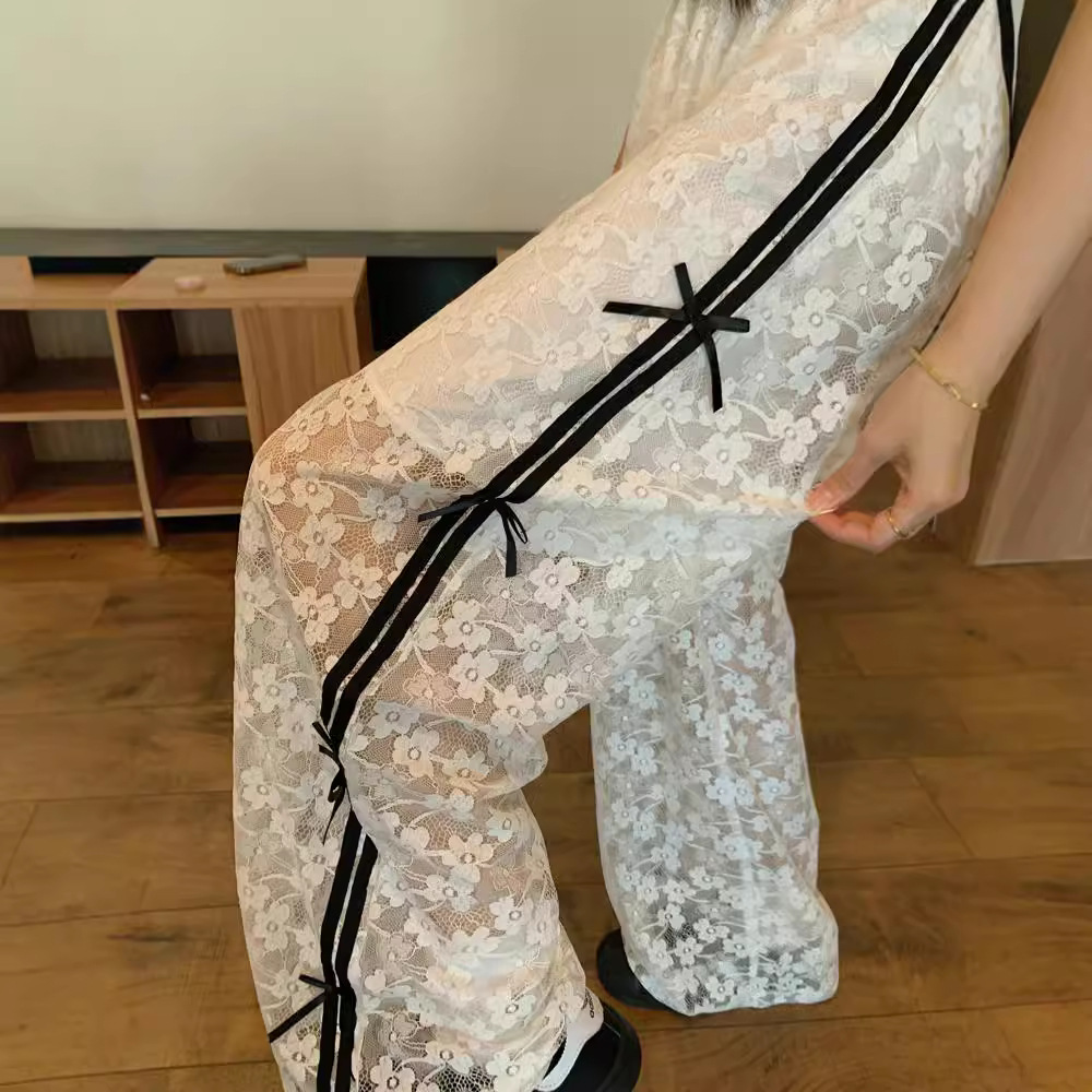 Bow Lace Hollow Casual Pants Women's Early Autumn Design Chic High Waist Slimming High Waist Slimming Straight Pants