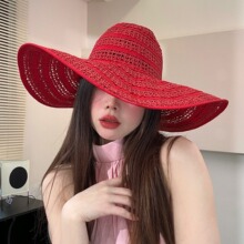 莫西干红色海边大帽檐遮阳帽子女夏季大沿防晒帽可折叠太阳帽外贸