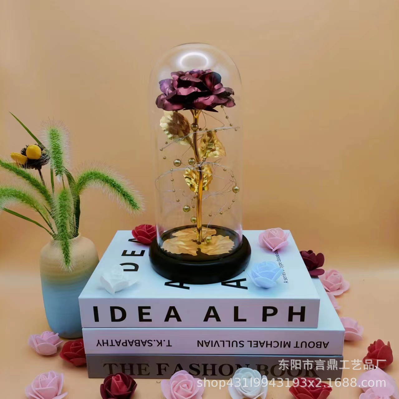 金箔花玫瑰花玻璃燈罩金珠禮物跨境擺件裝飾永生花創意生日告白