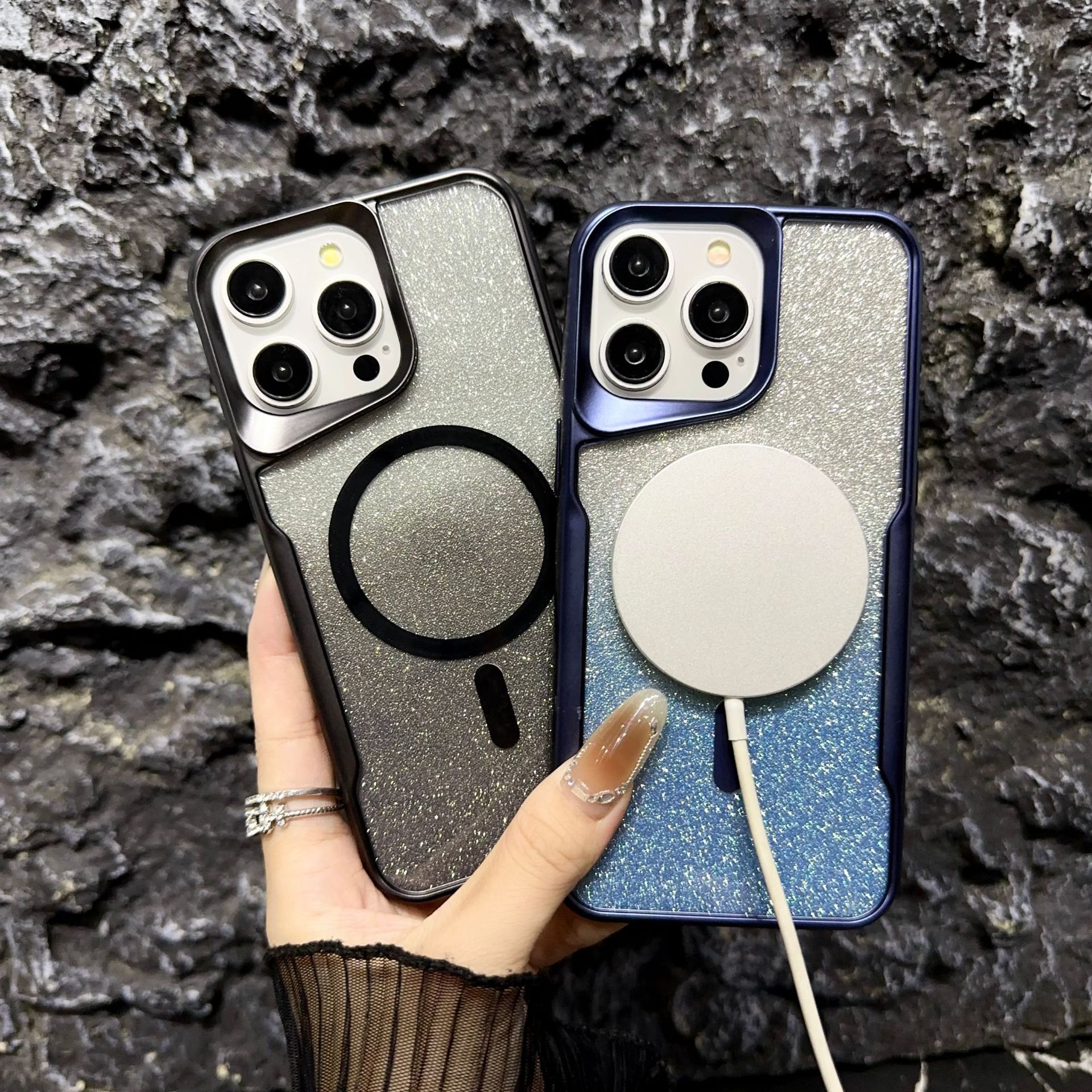 Nuevo cuchillo gradiente de polvo flash teléfono celular Apple 17PROMAX caso de teléfono celular de absorción comercio exterior iPhone 16 aplicable