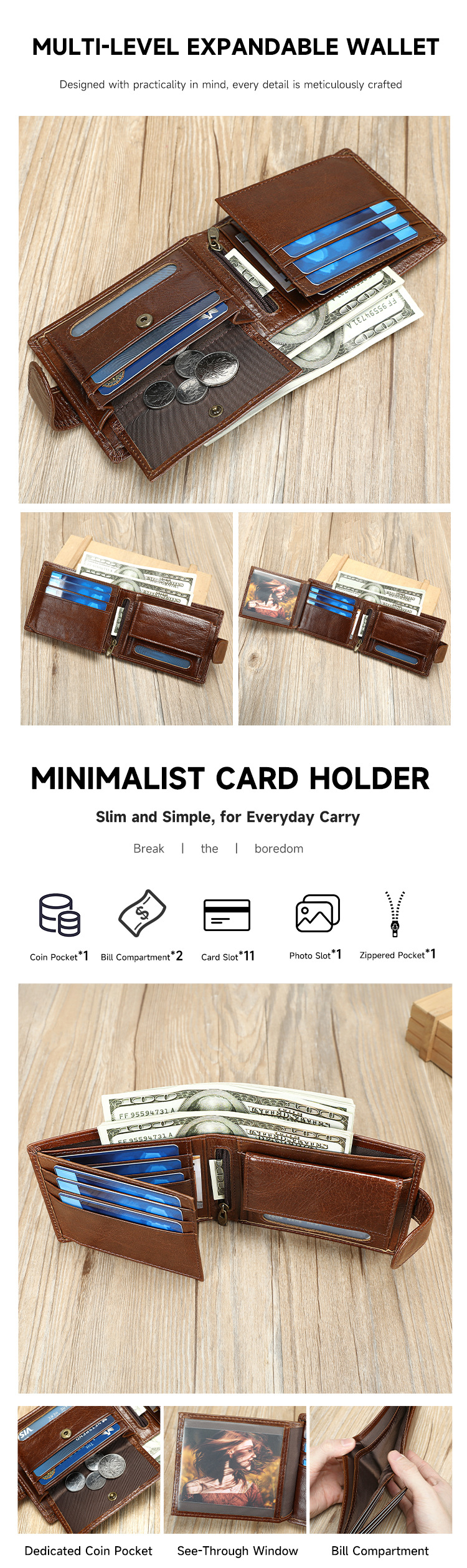 Ví nam gập mini da bò thật cao cấp, nhiều ngăn thẻ RFID, kiểu dáng mỏng nhẹ — Đen, Nâu, 12*2.5*9.5cm chi tiết 4