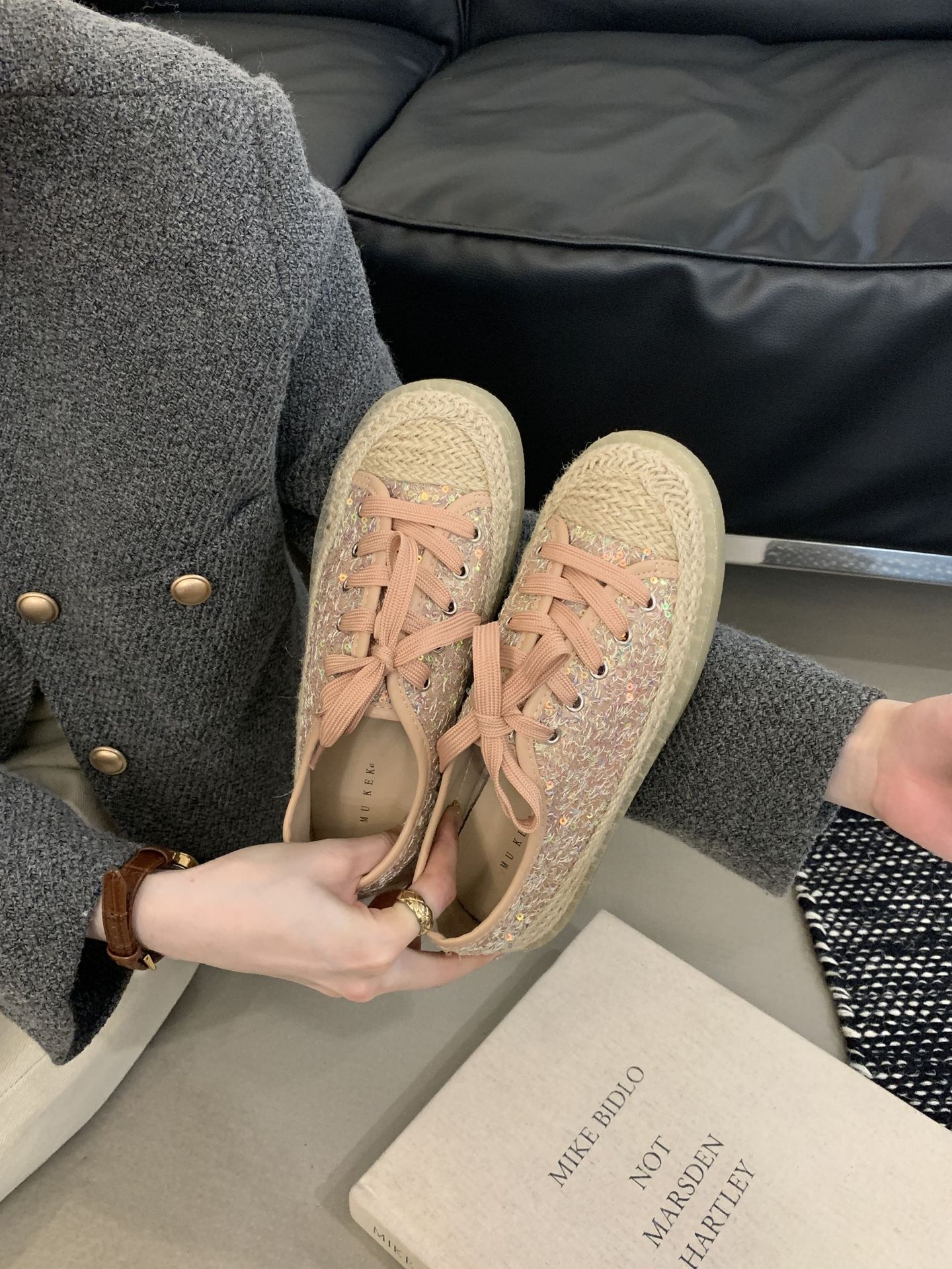 French-style High-end Straw-woven Thick-soled Lace-up Sequined Fisherman For Women, Slip-on Loafers, Fashionable Casual_vogvips.com