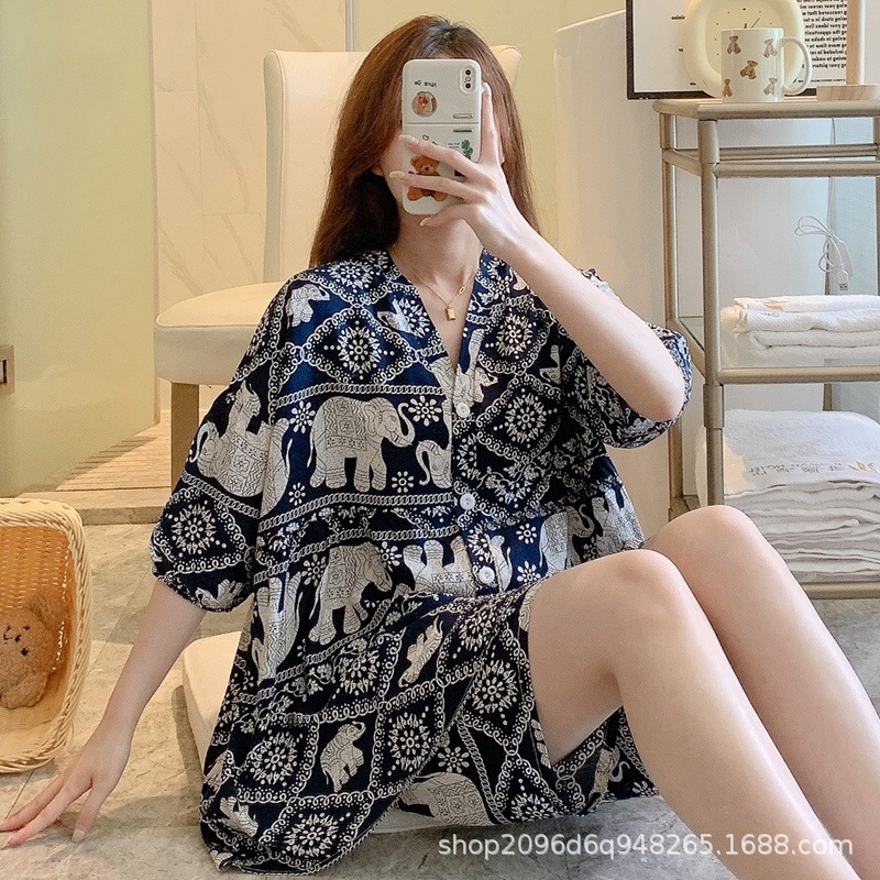 新しい女性用半袖コットンシルクパジャマ、夏用人工綿ホーム服、日本製カーディガン、大きいサイズ、屋外で着用できるコットンシルクスーツ|undefined