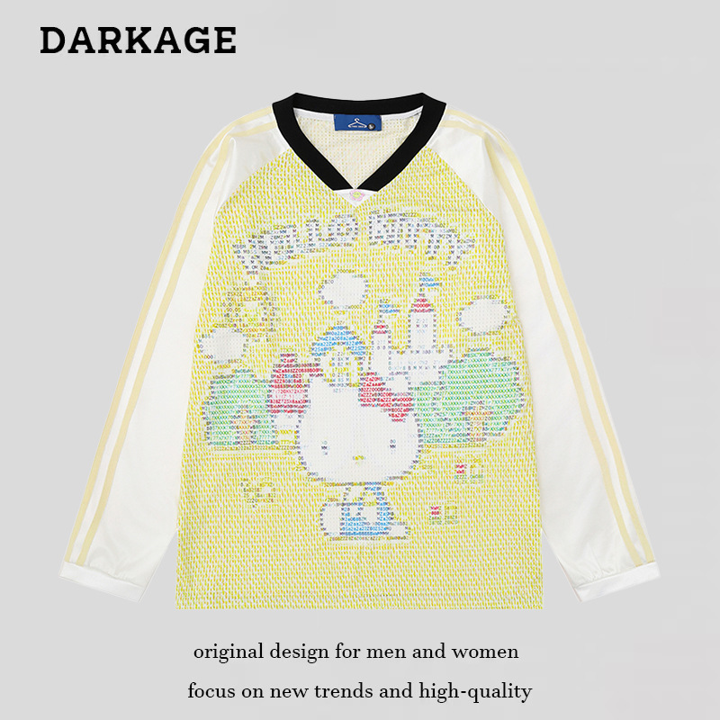 American Hello Kitty Three-Stripe Raglan V-Neck Long-Sleeved T-Shirt Women's Autumn New Loose Sports Style Jersey Jersey Top American Hello Kitty Three-Stripe Raglan V-Neck Long-Sleeved T-Shirt Women's Autumn New Loose Sports Style Jersey Jersey Top