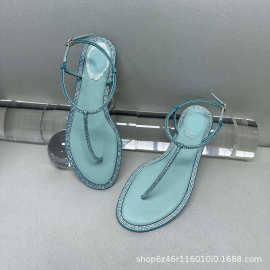 2025夏新款仙女风水钻夹趾平底凉鞋沙滩舒适休闲平跟夹脚罗马鞋女