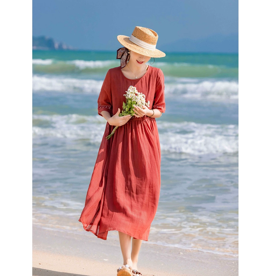 2023 новое оригинальное женское длинное платье с художественным рукавом для путешествий легкая текстура платье с вышивкой рами