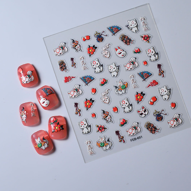 5D three-dimensional relief nail stickers cute fox cartoon DIY mobile phone water Cup decoration