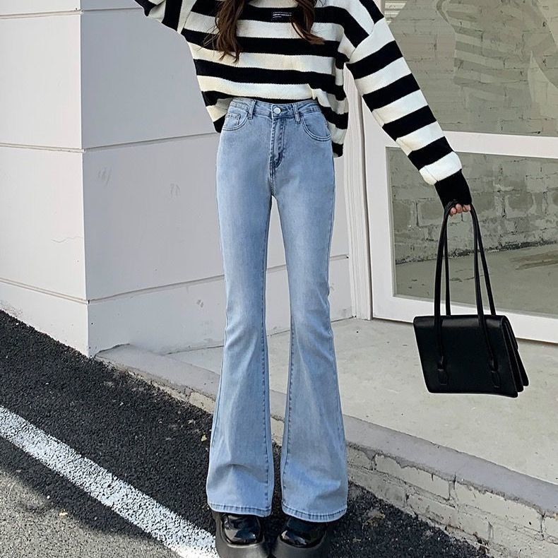 Light-colored skinny jeans for women spring and summer new high waist slimming high stretch flared pants high street fashion ins