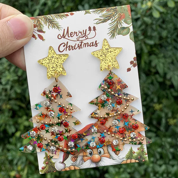 European and American cross-border new fashion creative acrylic Christmas tree diamond bead chain Christmas stud earrings earrings
