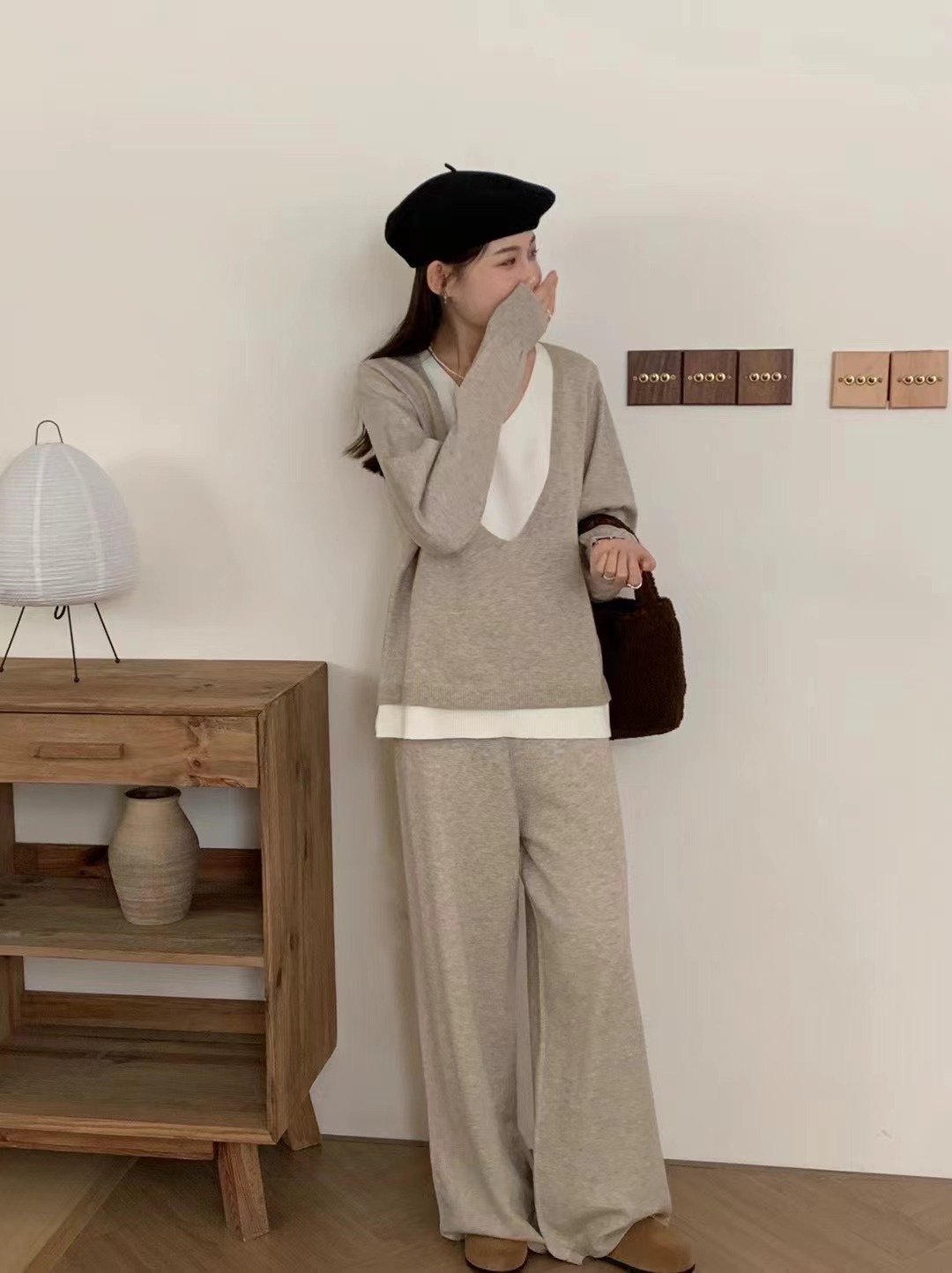 Damen Strick Anzug V-ausschnitt Pullover Und Weite Hose_voghion.com