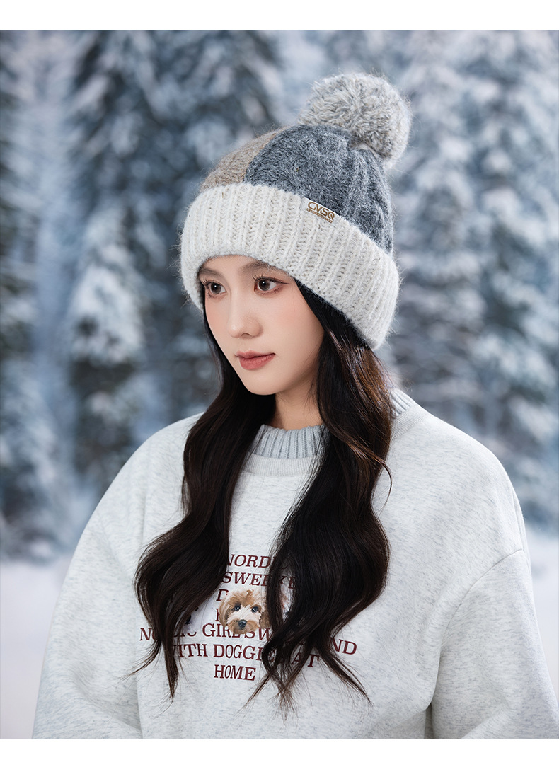 Fashion Versatile Color Block Pom Knitted Autumn Winter Outdoor Fleece Lined Thickened Warm Artistic Retro Pullover Hat_voghion.com