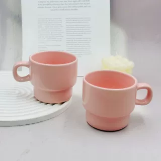 出口中东叠叠陶瓷咖啡杯创意早餐燕麦杯亮光粉红色马克杯定制礼品
