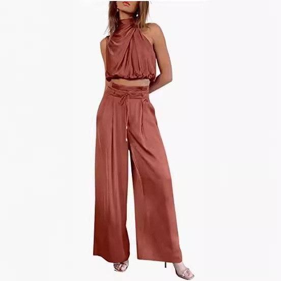Women's 2-piece Summer Casual Sleeveless Collar Open Navel Top Wide Leg Pants Set_voghion.com