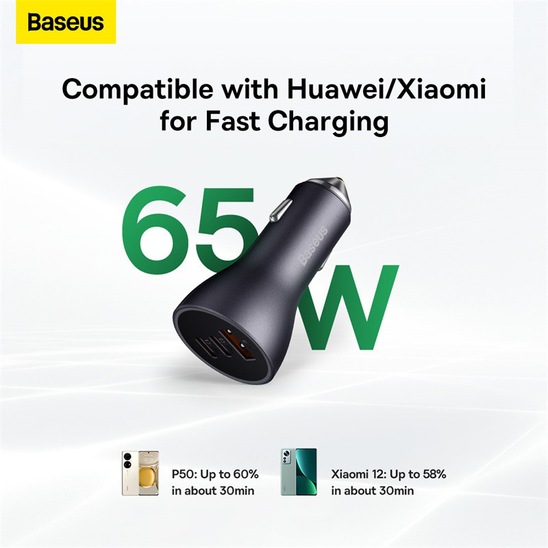 Baseus 65W three-port car charger for mobile phones and computers, suitable for Samsung and Apple fast charging, mini car charger Baseus 65W three-port car charger for mobile phones and computers, suitable for Samsung and Apple fast charging, mini car charger