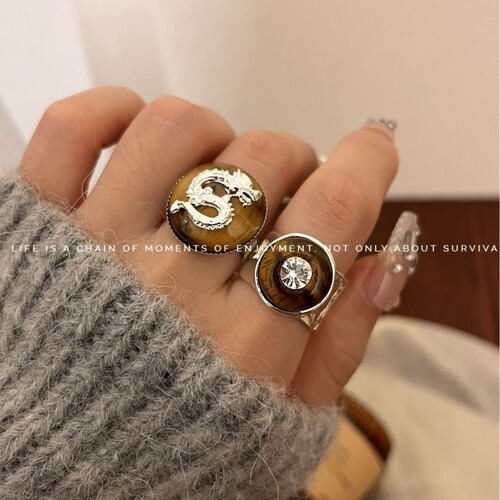 Ancient Chinese Dragon and Tiger Eye Stone Ring, Instagram Cold Wind, High-Grade Freshwater Pearl and Sparkling Diamond Eye Stack Ring