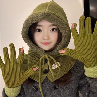 Balaclava Hat for Women, Winter Warm Knitted Hat and Scarf Set, Wool Gloves Two-Piece Set, Korean Style Warm