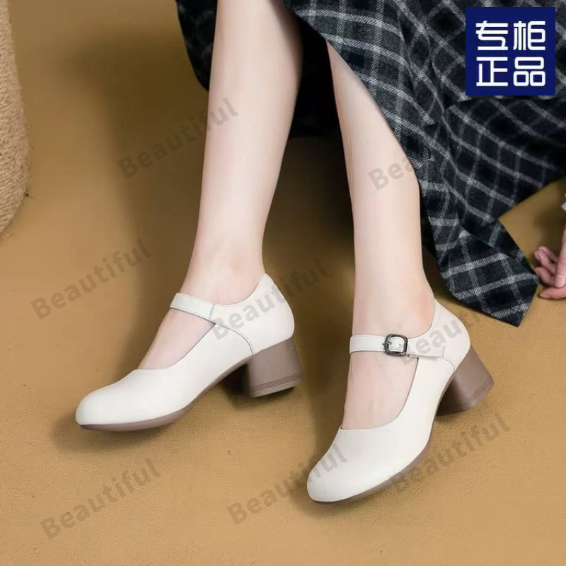 2025年新款时尚百搭真皮通勤一体跟软底中跟粗跟一字扣浅口女单鞋