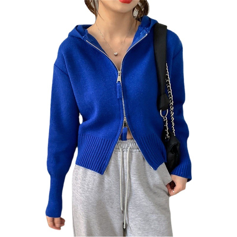 Cárdigan de punto con cremallera de color liso para mujer, chaqueta corta con capucha a la moda, primavera y otoño, nuevo estilo, para personas pequeñas, 2024