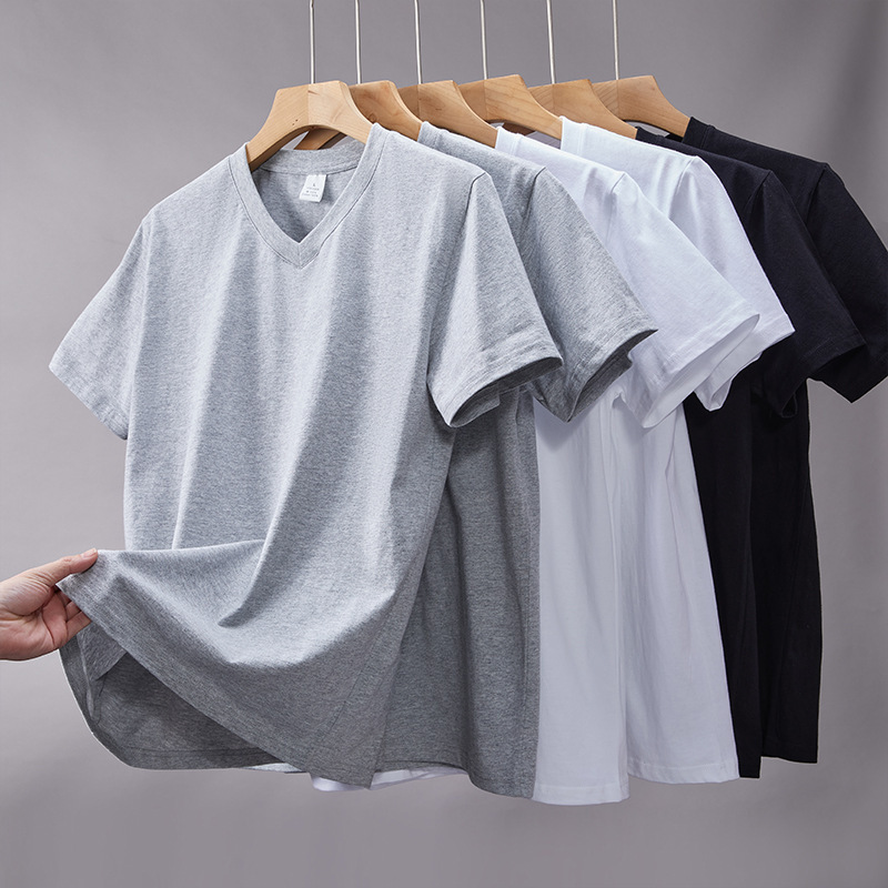 200g Heavyweight Summer V-Neck Pure Cotton Base Shirt, Short-Sleeve T-Shirt Top for Men, Wholesale