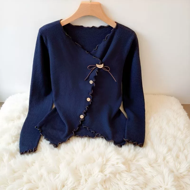 Жирная Eю Large Size [French Style] Чистое желание деревянные уши нижнее белье женская осень и зима дизайн внутри маленькая рубашка контрастный цвет верхняя одежда