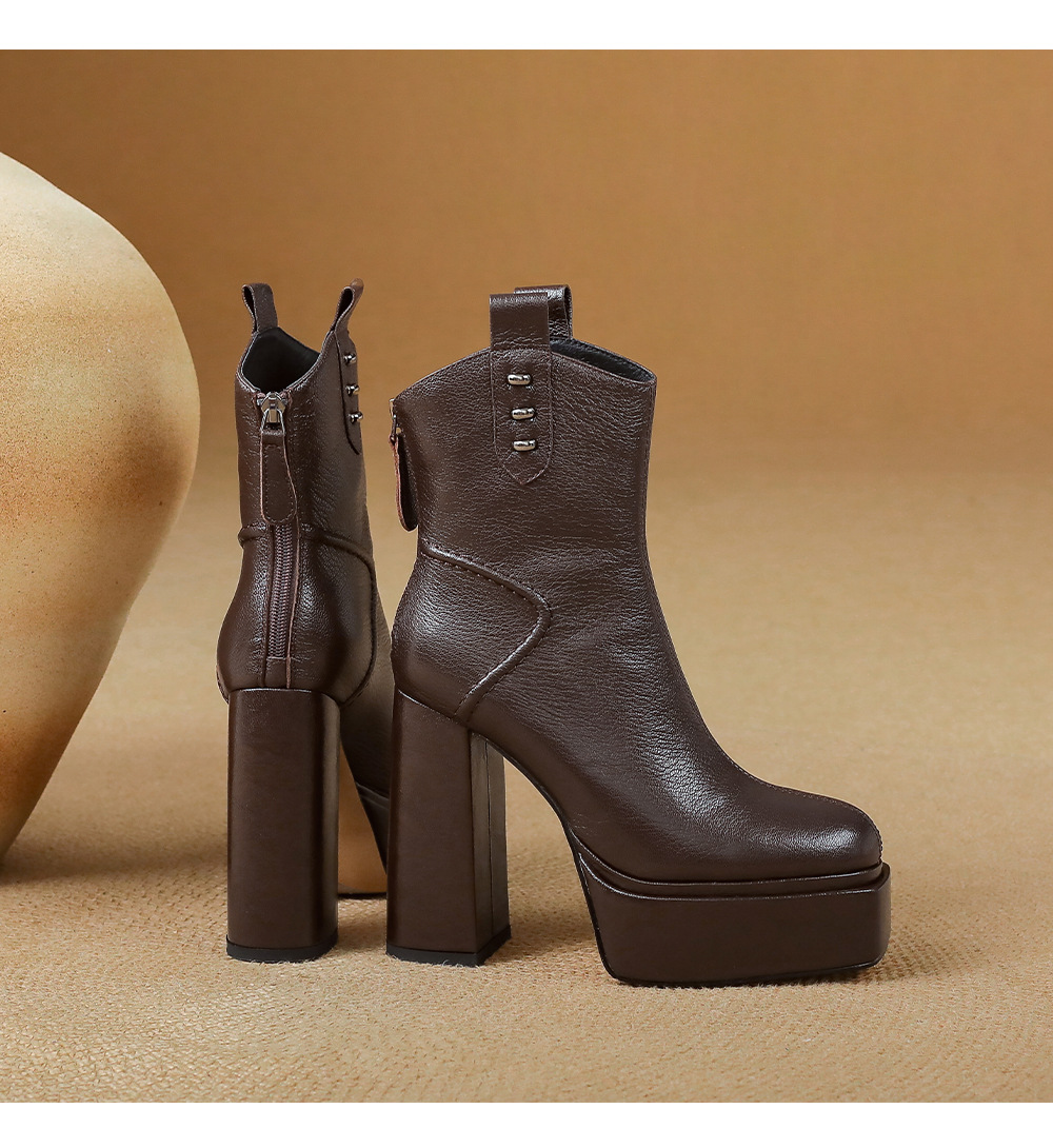 Boot nữ cổ thấp mũi vuông gót vuông cao 9 cm, đế platform, lót nhung ấm mùa thu đông — Lớp lót nhung đen chi tiết 18