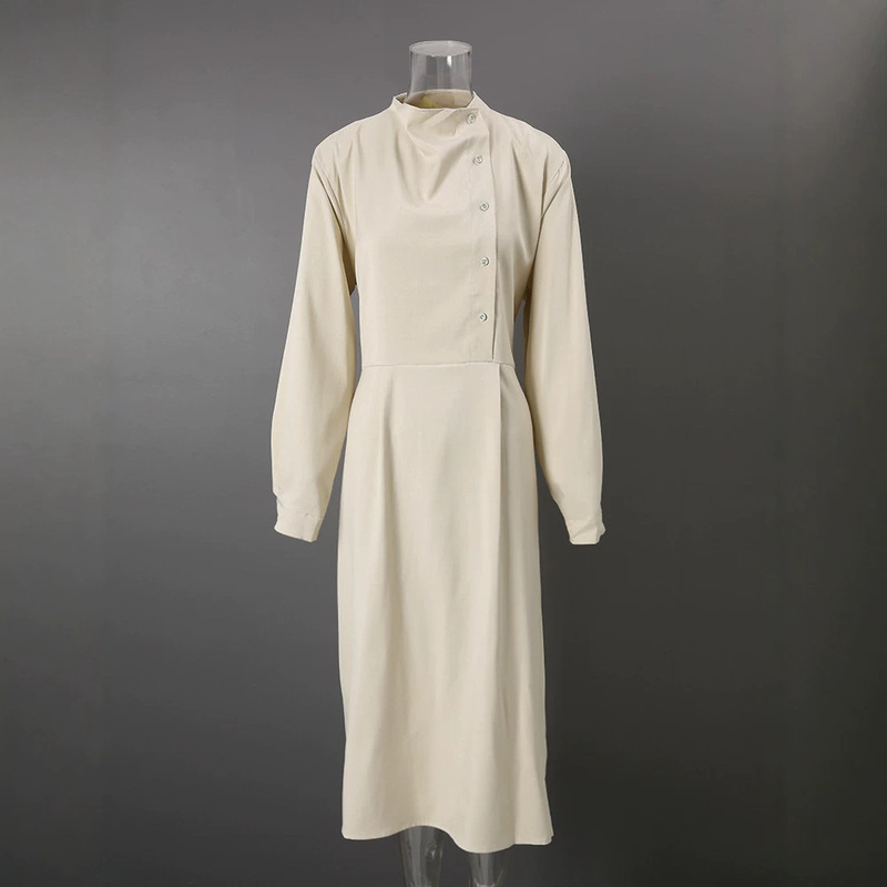 French-Style Light Luxury Drapey Satin Long-Sleeve Dress with Diagonal Buttoning, Draped Collar, Waist-Cinching, Simple Solid Color, Elegant Long Dress for Work French-Style Light Luxury Drapey Satin Long-Sleeve Dress with Diagonal Buttoning, Draped Collar, Waist-Cinching, Simple Solid Color, Elegant Long Dress for Work