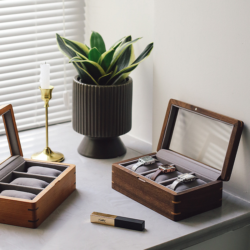Solid Wood Watch Storage Box for Gifts, Black Walnut Watch Jewelry Collection Display Transparent Display Box