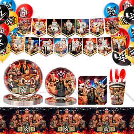 WWE美式摔跤娱乐主题生日派对餐具纸盘纸杯纸巾横幅拉旗装饰用品